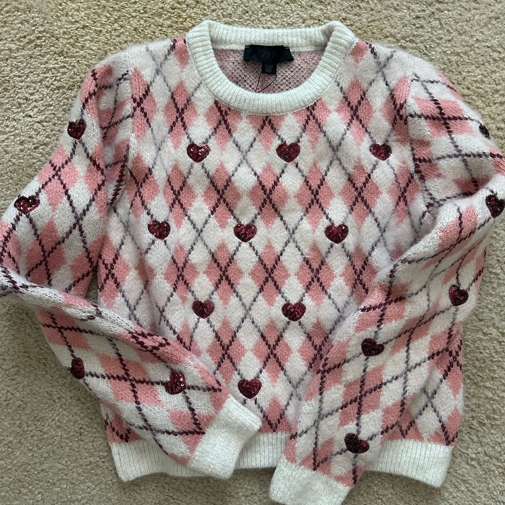 NWT Zara heart argyle sweater pink medium